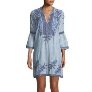 Johnny Was Workshop Blue Floral Embroidered Cotton Boho Dress XS